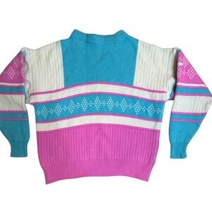 Vintage Steffner Nordic Wool Crewneck Sweater Medium Colorblock 80's Rare Alpine